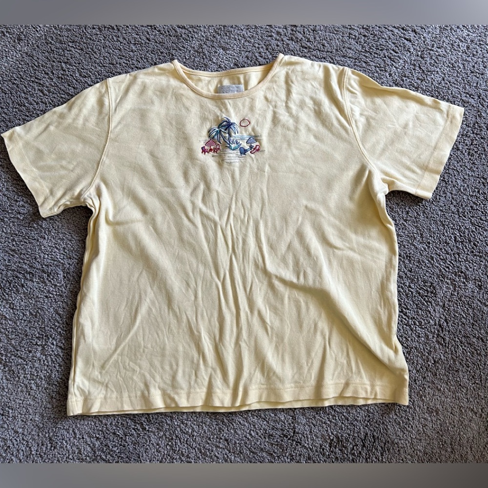 Vintage Christopher and Banks yellow shirt with beach scene/front and back